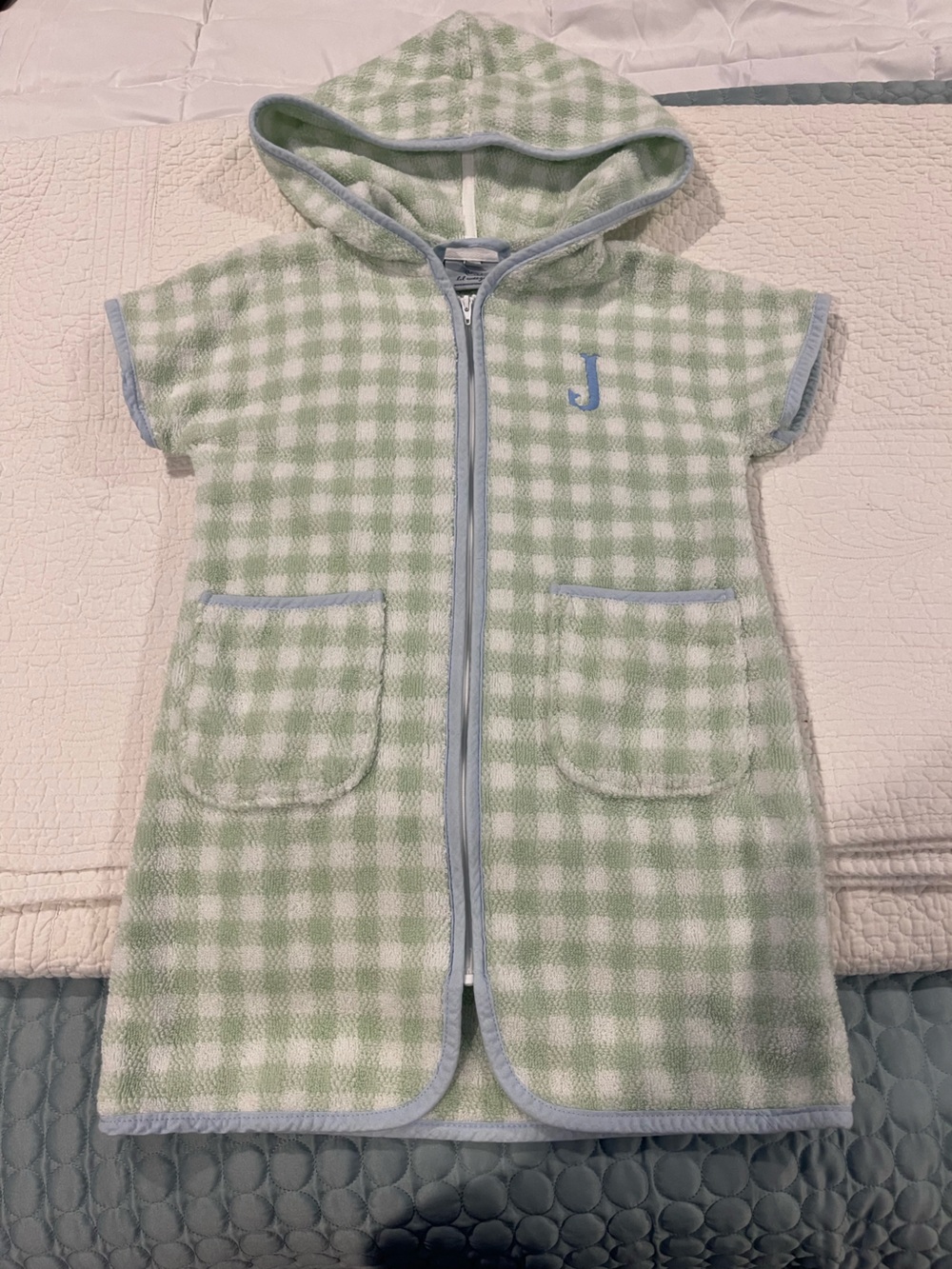 Lil Weezie Hooded Short Sleeve Terry Swim Coverup Light Green Blue Gingham J 5/6